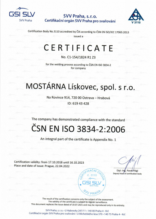 SVV Certificate ČSN EN ISO 3834-2