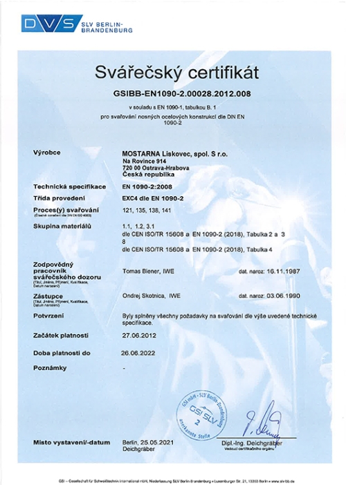 DVS certifikát EN 1090-2 EXC4+TKP19A